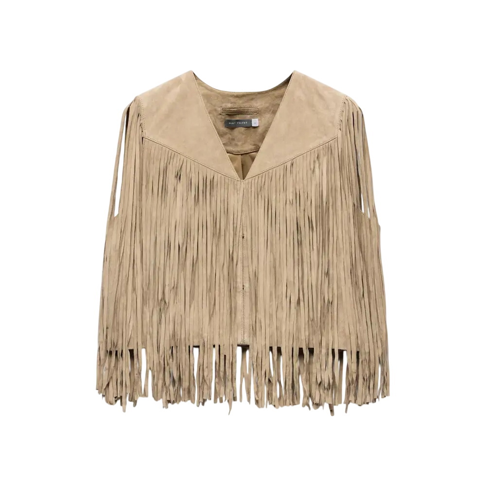 Mint Velvet Neutral Suede Fringed Waistcoat